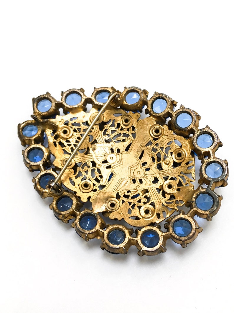 Art Deco Czech royal blue glass filigree pendant brooch