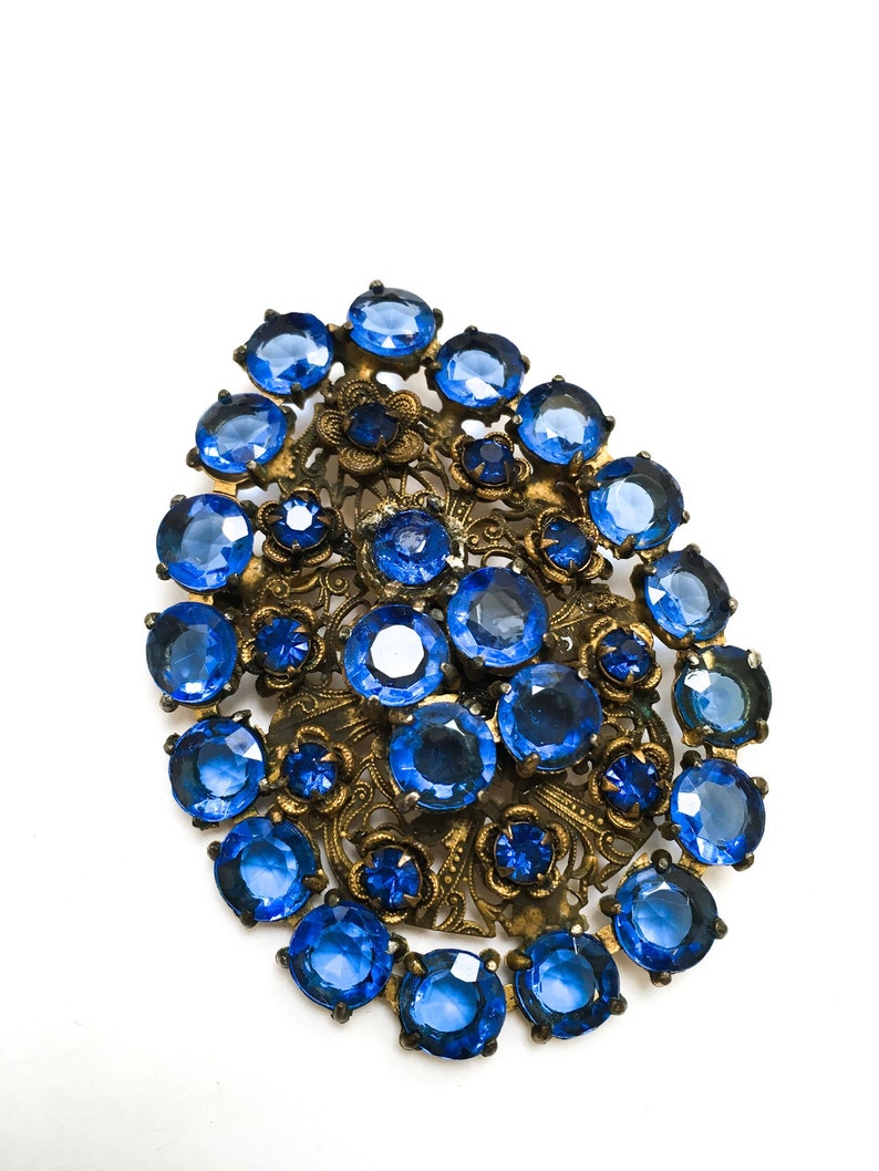 Art Deco Czech royal blue glass filigree pendant brooch