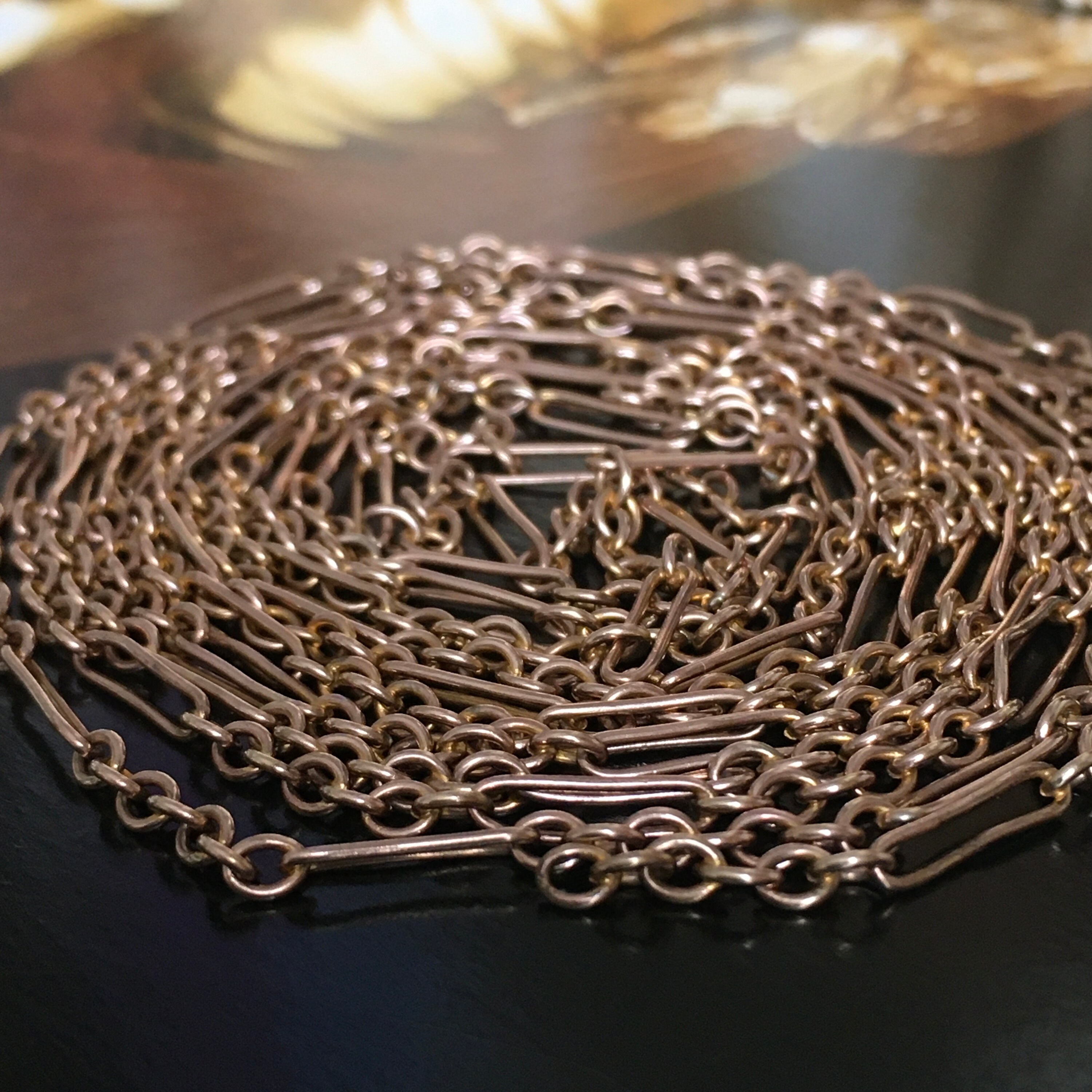 Antique Gold Fancy Link Chain 64” length, 14 grams, Gold Muff Guard Necklace, Victorian Gold Chain