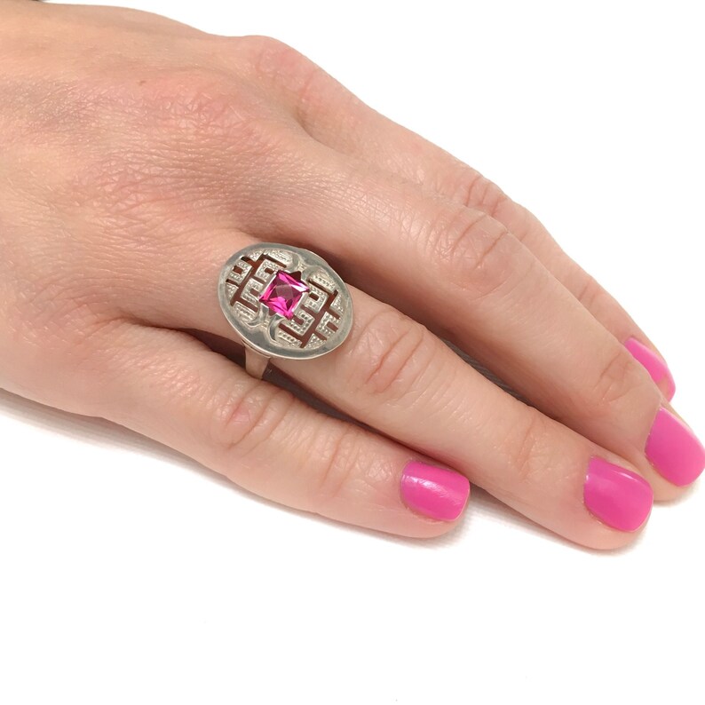 Art Deco style silver pink Tourmalin paste ring engagement size P or 7 12 Pierced ring