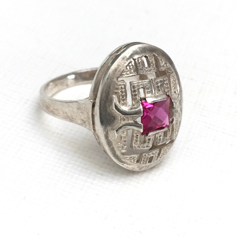 Art Deco style silver pink Tourmalin paste ring engagement size P or 7 12 Pierced ring