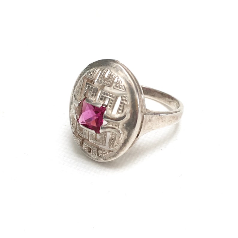 Art Deco style silver pink Tourmalin paste ring engagement size P or 7 12 Pierced ring