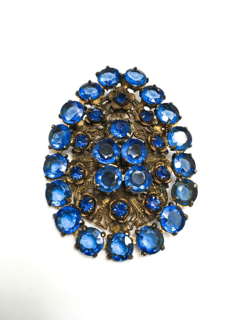 Art Deco Czech royal blue glass filigree pendant brooch