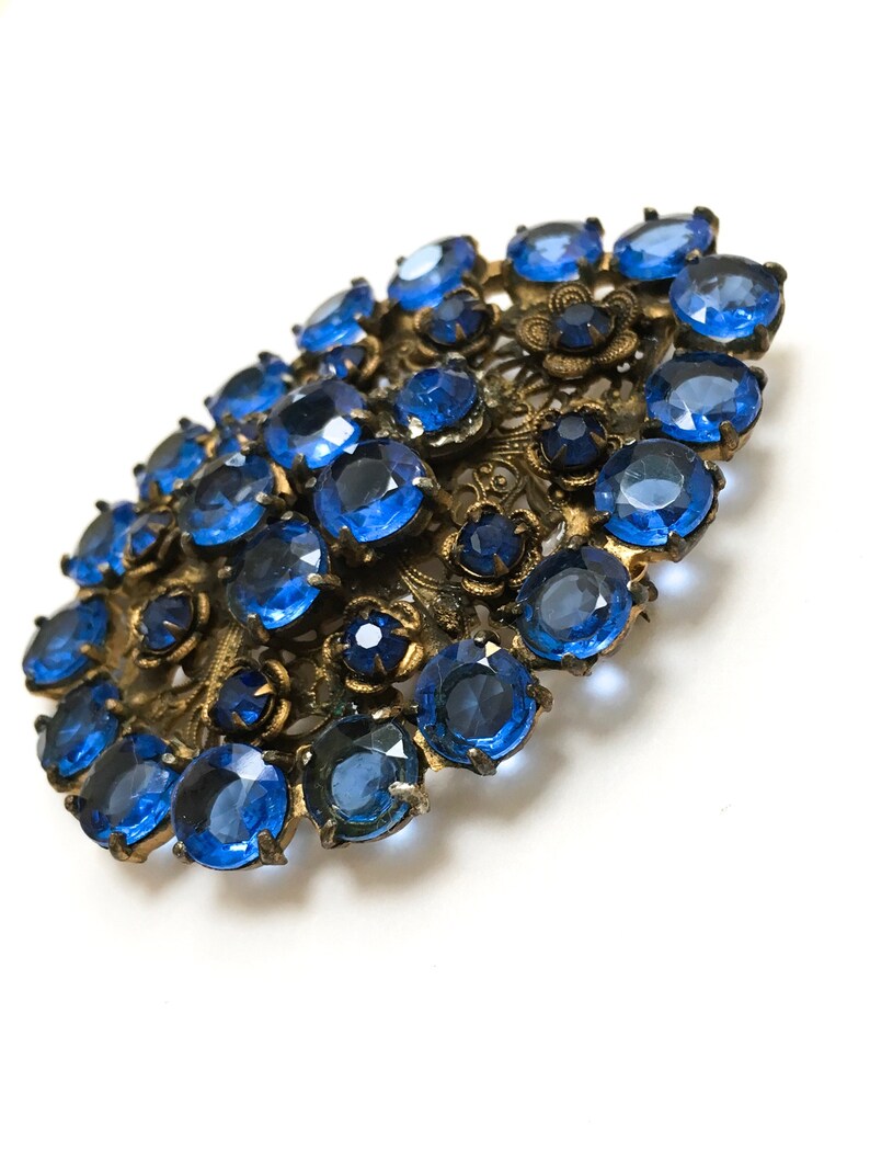 Art Deco Czech royal blue glass filigree pendant brooch