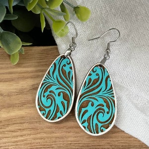 faux tooled leather wooden earrings