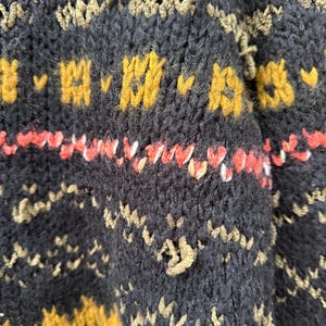 May include: Close-up of a knitted fabric with a textured pattern. The dark navy blue material features mustard yellow and light brown geometric designs, along with a band of red and white accents. The knitwear has a cozy, handmade aesthetic.