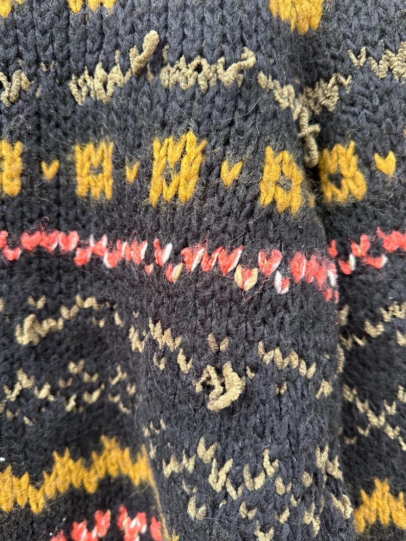 May include: Close-up of a knitted fabric with a textured pattern. The dark navy blue material features mustard yellow and light brown geometric designs, along with a band of red and white accents. The knitwear has a cozy, handmade aesthetic.