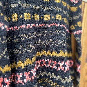 May include: Close-up of a dark blue knit sweater with a geometric pattern. The sweater features repeating patterns in gold, pink, and white. The knitwear has a textured appearance, with visible stitches and a cozy aesthetic.