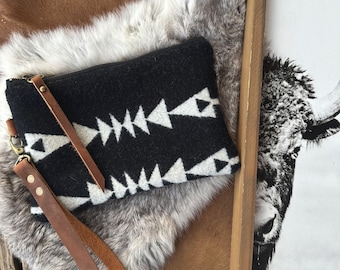 Clutch de lana y cuero genuinos, bolso, bolso