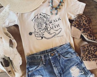 Walk by Faith Western Graphic Tee, western tee, ladies shirt, Faith tee, cowgirl shirt