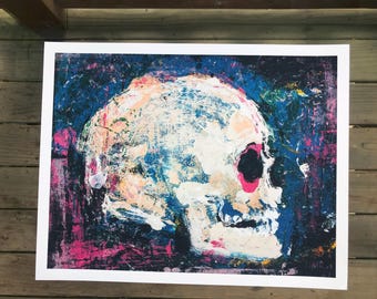 High-quality fine art print of my own original painting; Grungy Skull with Pink. Printed on archival fine art paper. Museum quality