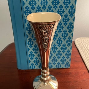Silver Metal Bud Vase with Enamel Interior Floral Design