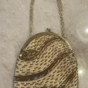 Vintage Gold Beaded Purse Made in Hong Kong Swirly Pattern Made in Hong Kong.