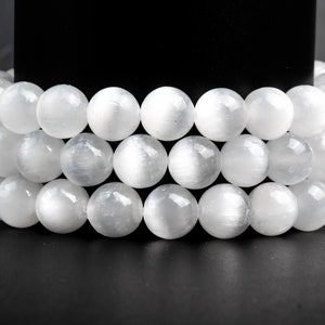 Natural Cat Eye White Selenite Gemstone Grade AAA+ Round 6mm 8mm 10mm Loose Beads