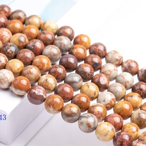 May include: A strand of round, brown, yellow, and white agate beads. The beads have a marbled pattern and are approximately 8mm in diameter.
