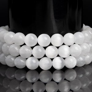 Natural Cat Eye Pearl White Selenite Gemstone Grade AAA Round 6mm 8mm 8-9mm 10mm Loose Beads