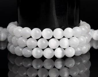 Natural Cat Eye Pearl White Selenite Gemstone Grade AAA Round 6mm 8mm 8-9mm 10mm Loose Beads