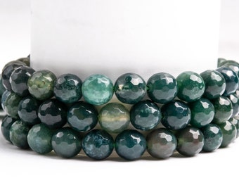 Natural Botanical Moss Agate Gemstone Grade AAA Micro Faceted Round 5-6mm 8mm 10mm Loose Beads