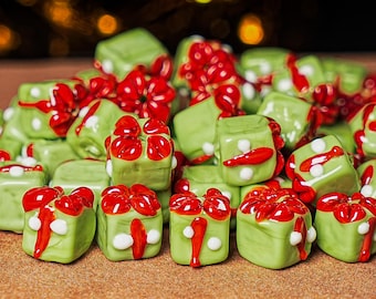 12X10MM Green Christmas Gift Box Glass Beads 5 Pcs Christmas Gift Box Beads Xmas Beads