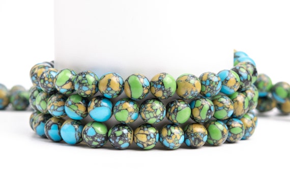 5/10 Strands Blue Green Khaki Matrix Turquoise Gemstone Grade AAA Round 8mm 10mm 12mm Loose Beads