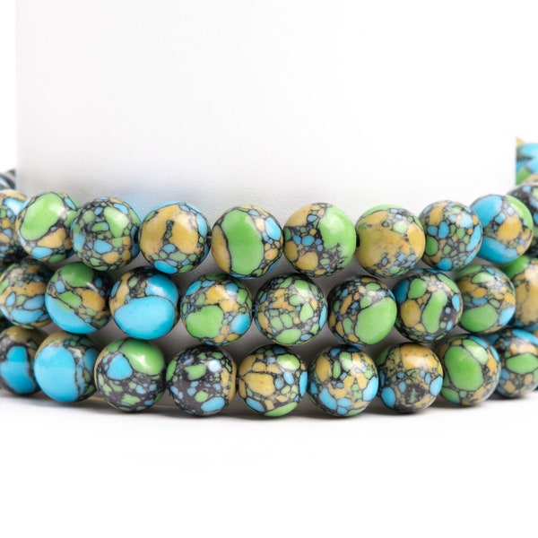 Blue Green Khaki Matrix Turquoise Gemstone Grade AAA Round 8mm 10mm 12mm Loose Beads