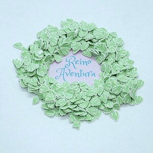 May include: A collection of small, light green leaf-shaped embellishments with white accents, arranged in a circular pattern. The leaves surround a pink circle with the text "Reino Aventura" in blue script. The background is a light blue.