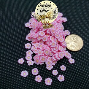 May include: A pile of pink flower-shaped polymer clay pieces with yellow centers and white edges. A gold-colored coin is next to the flowers. The image also includes a gold-colored owl logo with the text "Overtime Glitter".