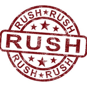 May include: Red rubber stamp with the word "RUSH" in a bold, distressed font. The stamp is circular and has the word "RUSH" repeated around the edge.