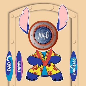 Disney Cruise Door Magnets Stitch with Hawaiian Shirt and Customized Surf Boards for family (Real Magnet not paper)