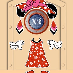 K&ouml;nnte beinhalten: Ein rotes Kleid mit wei&szlig;en Punkten und wei&szlig;en Blumen, ein rot-wei&szlig; gepunkteter Hut mit einer rosa Schleife, wei&szlig;e Handschuhe, rot-wei&szlig;e Ohrringe und rote Schuhe mit einer rosa Blume.