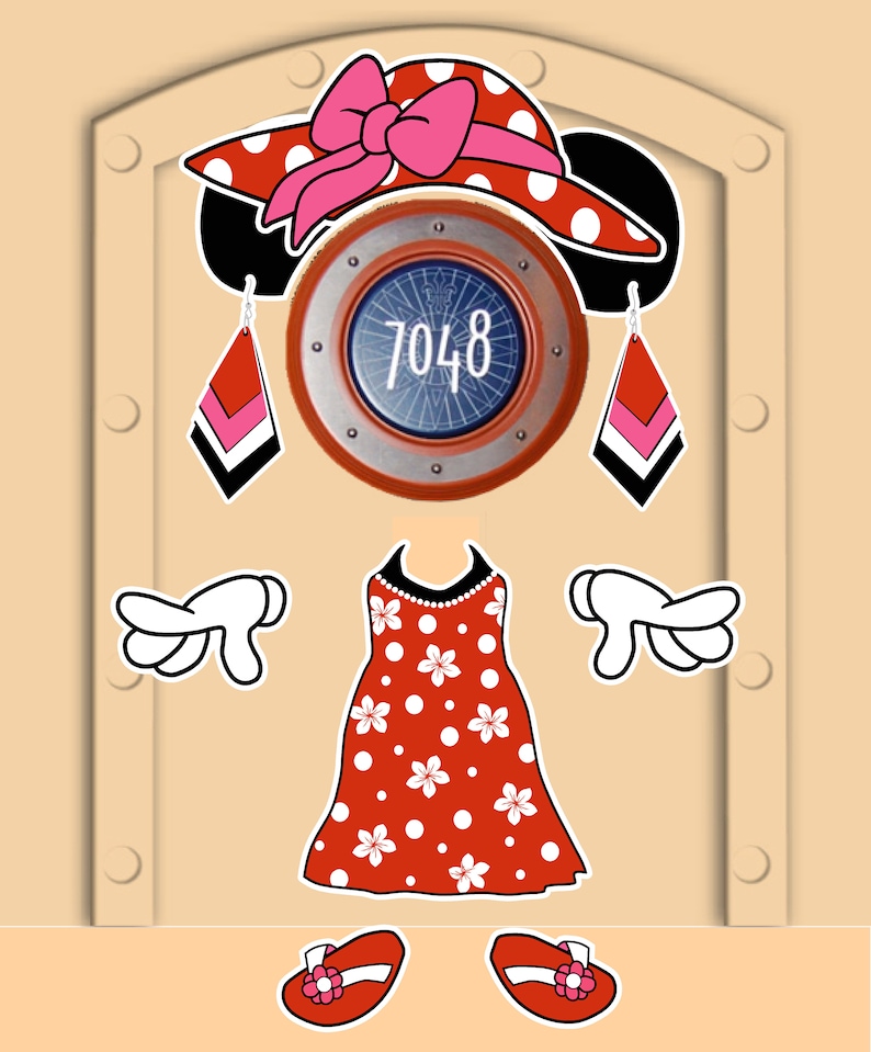 K&ouml;nnte beinhalten: Ein rotes Kleid mit wei&szlig;en Punkten und wei&szlig;en Blumen, ein rot-wei&szlig; gepunkteter Hut mit einer rosa Schleife, wei&szlig;e Handschuhe, rot-wei&szlig;e Ohrringe und rote Schuhe mit einer rosa Blume.