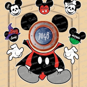 Disney Cruise Halloween Door Magnets Mickey Mouse Dracula (not just laminated paper) with personlized Mickey and Minnie magnets for family