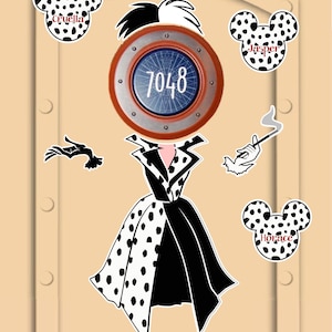 May include: A black and white spotted dress with a red and white polka dot pattern. The dress is worn by a cartoon character with a red porthole for a head. The porthole has the number 7048 on it. There are three black and white spotted Mickey Mouse ears with names on them: Cruella, Jasper, and Horace.