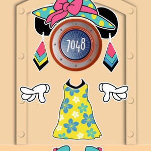 K&ouml;nnte beinhalten: Eine Cartoon-Illustration einer Frau, die ein gelbes Kleid mit blauen Blumen, einen blauen und gelben Hut mit rosa Punkten und gro&szlig;e rosa und blaue Ohrringe tr&auml;gt. Das Gesicht der Frau ist ein Bullauge mit der Nummer 7048.