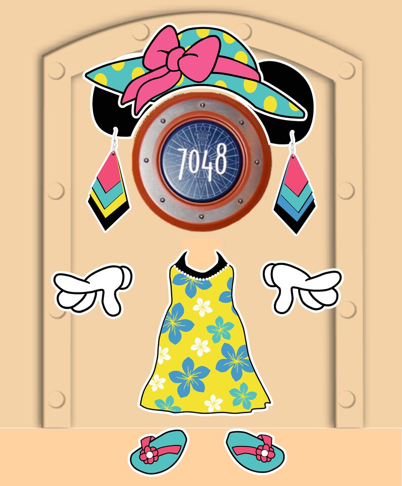 K&ouml;nnte beinhalten: Eine Cartoon-Illustration einer Frau, die ein gelbes Kleid mit blauen Blumen, einen blauen und gelben Hut mit rosa Punkten und gro&szlig;e rosa und blaue Ohrringe tr&auml;gt. Das Gesicht der Frau ist ein Bullauge mit der Nummer 7048.