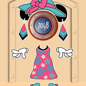 K&ouml;nnte beinhalten: Eine Cartoon-Illustration einer Frau, die einen t&uuml;rkisfarbenen Hut mit einer rosa Schleife, rosa und blaue Ohrringe, ein rosa Kleid mit wei&szlig;en und blauen Blumen und t&uuml;rkisfarbene Sandalen tr&auml;gt. Das Gesicht der Frau ist ein Bullauge mit der Nummer 7048.