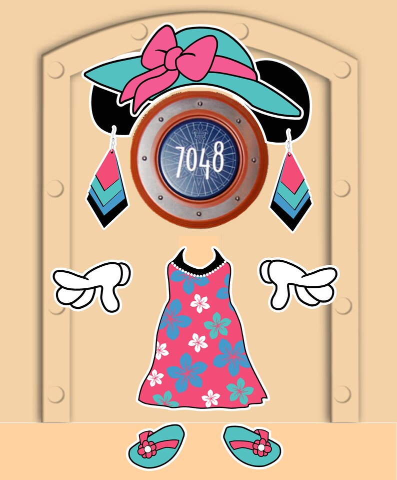 K&ouml;nnte beinhalten: Eine Cartoon-Illustration einer Frau, die einen t&uuml;rkisfarbenen Hut mit einer rosa Schleife, rosa und blaue Ohrringe, ein rosa Kleid mit wei&szlig;en und blauen Blumen und t&uuml;rkisfarbene Sandalen tr&auml;gt. Das Gesicht der Frau ist ein Bullauge mit der Nummer 7048.
