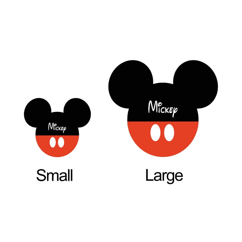 May include: Two Mickey Mouse head designs, one small and one large, with black ears and red faces. The word "Mickey" is written in white script on each head. The word "Small" is below the smaller head, and "Large" is below the larger head.