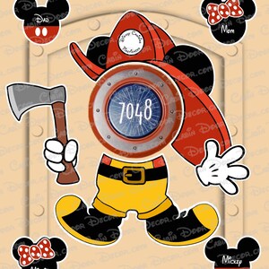 May include: A red and yellow Mickey Mouse character dressed as a firefighter with a red hat and an axe. The character has a round porthole with the number 7048 on it. There are four smaller Mickey Mouse characters with different names and colors around the main character.