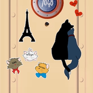 Disney Cruise Door Magnets The Aristocats In Paris (in shadow) with customized little kittens Eiffel Tower & hearts. Real Magnets, not paper