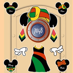 May include: A Mickey Mouse themed door hanger with a red, yellow, and green color scheme. The door hanger features a Mickey Mouse head with a turban, earrings, and a dress. The door hanger also includes Mickey Mouse, Minnie Mouse, and Dad and Mom Mickey Mouse heads.