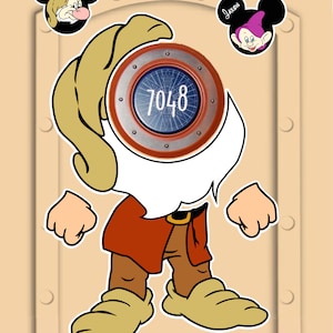 May include: A cartoon illustration of a dwarf with a porthole for a head. The porthole has the number 7048 on it. The dwarf is wearing a red shirt and brown pants. There are two Mickey Mouse heads with names on them in the background.