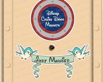 May include: A white door with a red, white, and blue round Disney Cruise Door Magnets sticker. Below the sticker is a green banner with the text "Just Married" and two blue birds holding the banner.