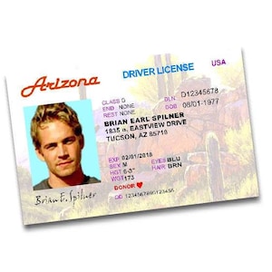 Fast and the Furious Drivers License - Arizona - Costume Prop, Paul Walker - Brian Spilner