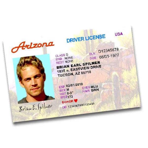 Fast and the Furious Drivers License - Arizona - Costume Prop, Paul Walker - Brian Spilner