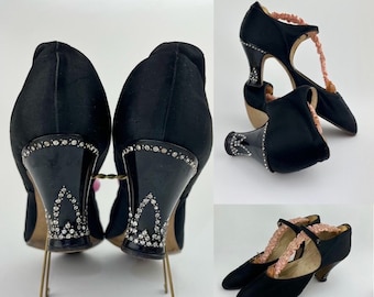 Original 1920s Rhinestone Heel Shoes | Mary Jane Heels Pumps | Black Satin Paste Diamante | Art Deco Flapper Accessories Approx. UK 5.5