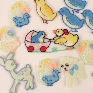 1950年代の動物のアップリケ | トリム、縫い付け装飾パッチ | 刺繍ウール | 鹿、アヒル、ラム、チキン、ブルー | クラフト、編み物 x12