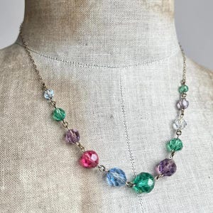 1930s Rainbow Necklace | Faceted Glass Crystal Beads Fine Chain Pink Green Lilac Beaded | Vintage Art Deco Layering Jewellery Jewelry