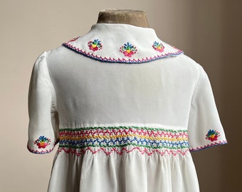 1930s- 1940s Small Child's Embroidered Dress | Hungarian Hand Embroidery Flowers Smocked | Vintage Girl's Children's Summer Clothing Fashion