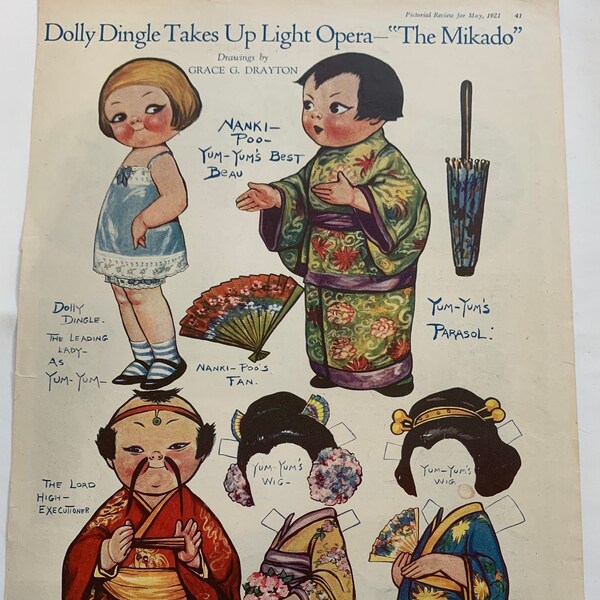 1921 Original Uncut Paper Dolls Scrapbooking Antique Ephemera Collector Dolly Dingle Takes Up Light Opera- The Mikado by Grace G Drayton